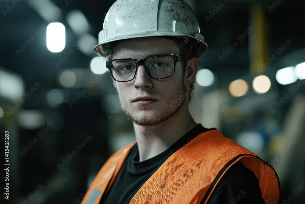 Man in hard hat and safety vest inside a factory or industrial setting. Man in hard hat and safety vest inside a factory or industrial setting.