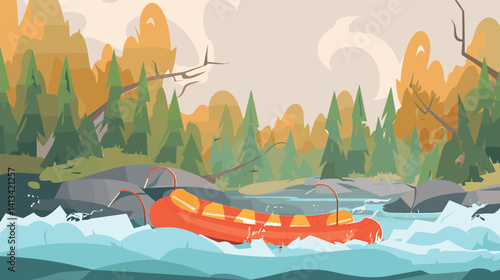 Inflatable raft on rapids in autumn forest flat vector illustration