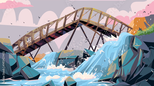 Rustic wooden bridge over rushing waterfall with rocky surroundings and pink sky flat vector illustration