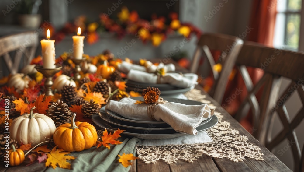 Fototapeta premium Time-honored Thanksgiving dinner, preparation for the feast, table presentation