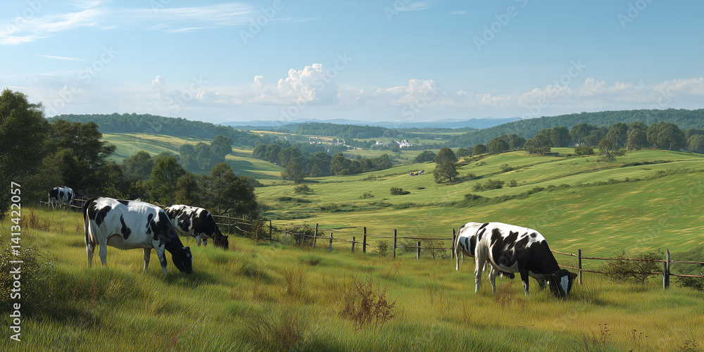 Dairy cows grazing on biodynamic farm hillside Dairy cows grazing on biodynamic farm hillside