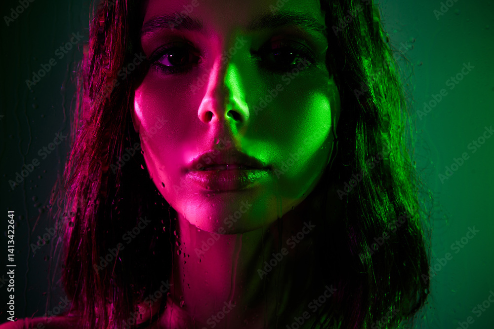 Portrait of a passionate woman illuminated by vibrant pink and green neon lighting capturing expressive modern club Portrait of a passionate woman illuminated by vibrant pink and green neon lighting capturing expressive modern club