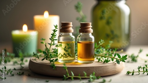 Thyme oil. Bottles with the extract, vibrant green plant leaves. Aromatherapy.