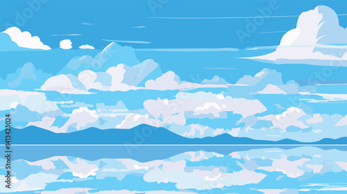 Infinite cloudscape reflected on tranquil water under a clear blue sky flat vector illustration