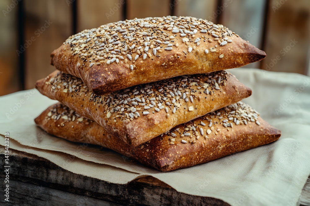 Artisan Multigrain Bread Stack, Rustic Bakery, Seed-Encrusted Loaves Artisan Multigrain Bread Stack, Rustic Bakery, Seed-Encrusted Loaves