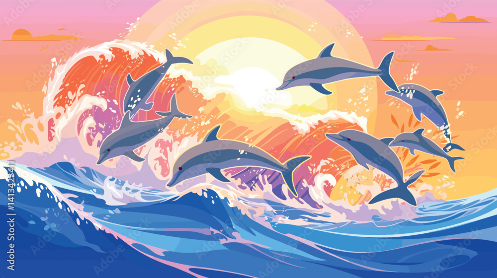 Dolphins jumping across colorful ocean waves at sunset flat vector illustration
