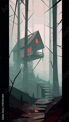 Spooky forest treehouse with red windows in misty woods flat vector illustration
