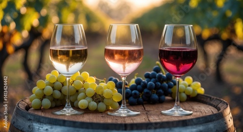 Wallpaper Mural Three wine glasses featuring white, rosÃ©, and red wine on a wooden barrel. Wide shot Torontodigital.ca