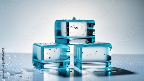 Three ice cubes set on a white surface.