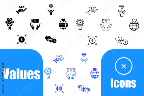 Core Values Editable Icons set. Vector illustration of icons: happiness, work, community, and more. Pictograms and infographics for mobile apps