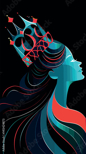 Abstract portrait of female figure with crown in vibrant colors flat vector illustration
