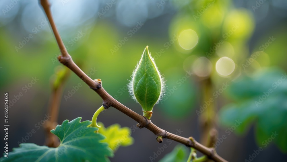Detailed view of tiny grape plant leaves in spring. Close-up of new buds. Detailed view of tiny grape plant leaves in spring. Close-up of new buds.
