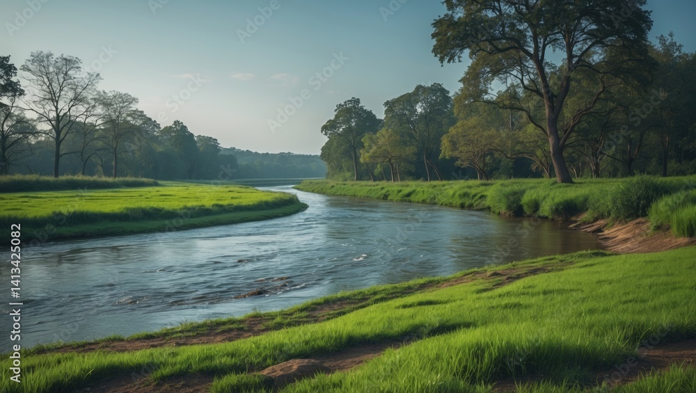 Common river view with trees, vibrant grass, and water. Great place for strolling, hiking, and enjoying the rural scenery. Common river view with trees, vibrant grass, and water. Great place for strolling, hiking, and enjoying the rural scenery.
