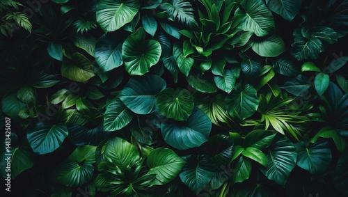 Texture of tropical leaves, dark green foliage, natural backdrop