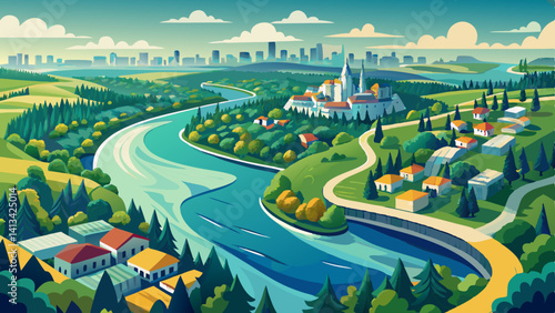 Aerial view of a wide river winding towards a city with parkland along side