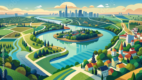 Aerial view of a wide river winding towards a city with parkland along side