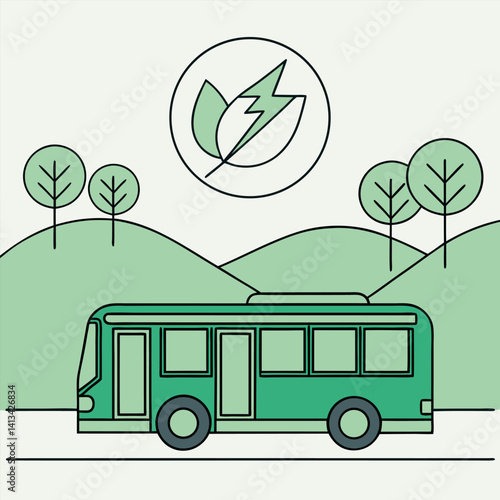 Green Electric Bus Driving on Road: Sustainable Public Transportation.