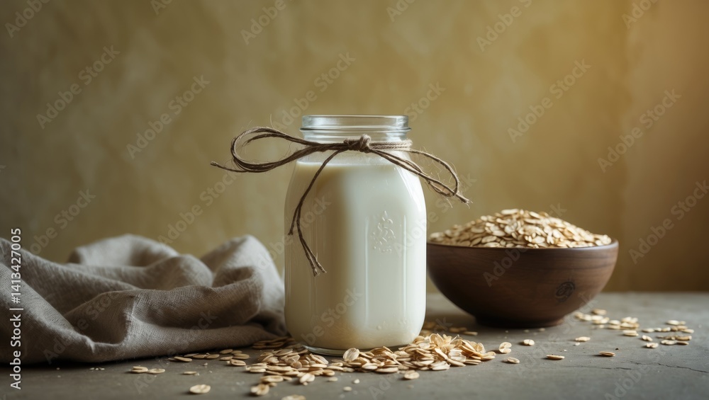 Container of delicious oat milk on backdrop Container of delicious oat milk on backdrop