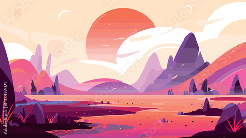 Surreal landscape with pink and orange sunset over mountains and river flat vector illustration