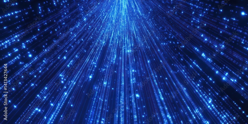 Naklejka premium Abstract blue light streaks radiate from a central point in the darkness.