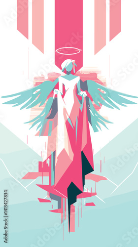 Abstract angelic figure with wings and halo in pastel colors flat vector illustration