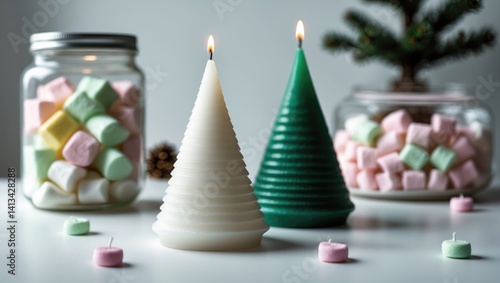 Wallpaper Mural Cheerful decoration idea with candles and seasonal ornaments, colorful marshmallows, trees on a bright background. Cozy atmosphere. Text space available. Torontodigital.ca