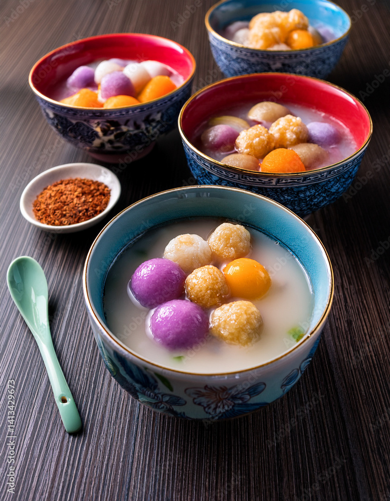 Colorful bowls of Taiwanese Taro Balls with sweet potato balls and various toppings in a sweet soup represent a popular chewy dessert. Colorful bowls of Taiwanese Taro Balls with sweet potato balls and various toppings in a sweet soup represent a popular chewy dessert.