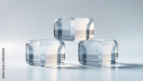 Three ice cubes set against a white backdrop. Clipping paths.