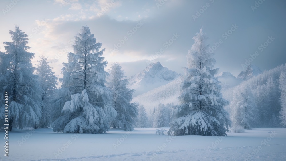 Fototapeta premium Frozen forests and snow-capped mountains in a magical winter landscape