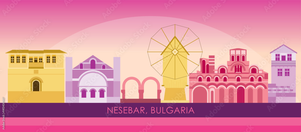 Sunset Skyline panorama of town of Nessebar, Bulgaria - vector illustration