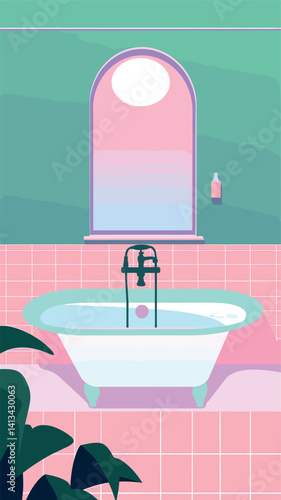 Pastel bathroom with pink tile and clawfoot tub under arched window flat vector illustration