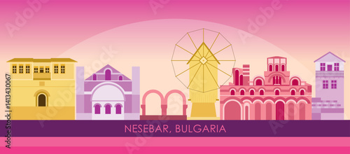 Obraz na płótnie Sunset Skyline panorama of town of Nessebar, Bulgaria - vector illustration w salonie