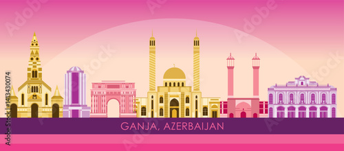 Sunset Skyline panorama of city of Ganja, Azerbaijan - vector illustration