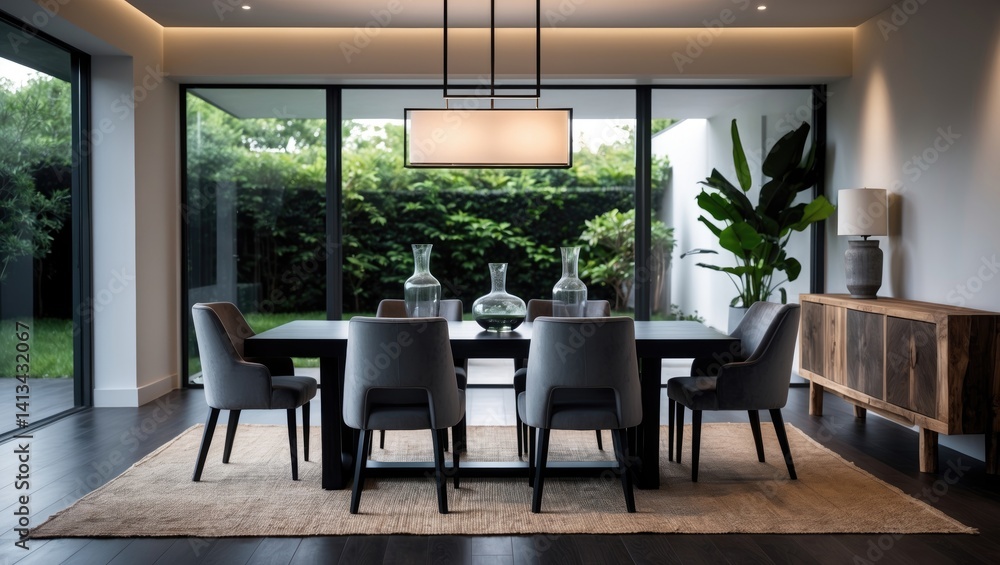 Fototapeta premium Stylish upscale dining room highlights a black dining table adorned with a rectangular chandelier and gray velvet dining chairs set over a sisal rug, finished with a rustic console table.