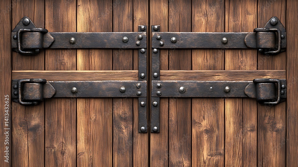 Fototapeta premium Rustic double wooden door with iron bands