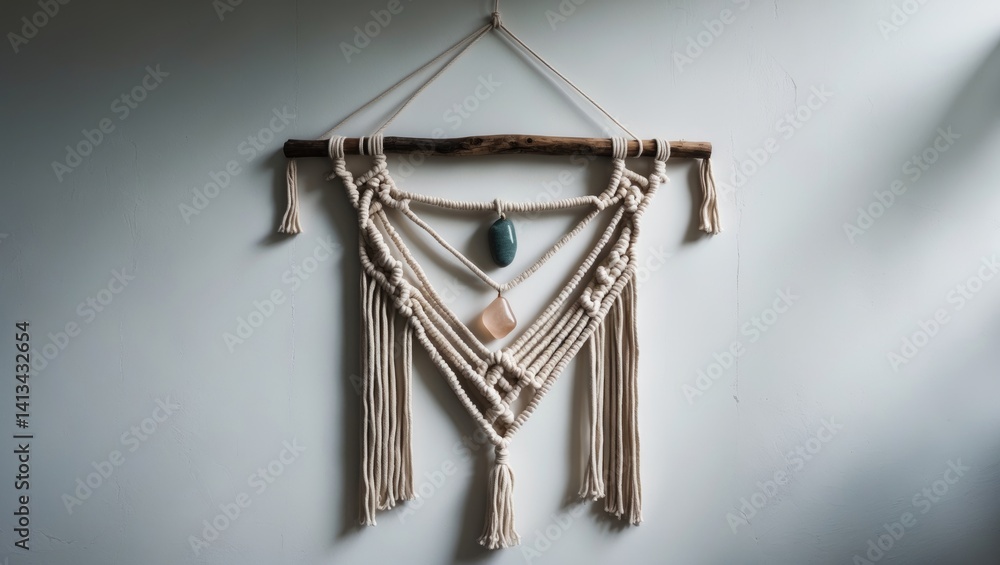 Obraz premium White background showcasing macrame wall hanging design as fiber art decoration. Handcrafted using a knotting technique with cotton rope knots complemented by wood and glass elements.