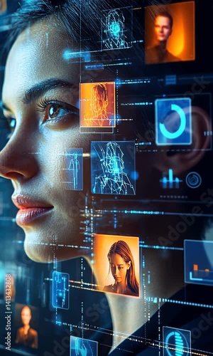 Close-up of a woman's face with digital overlays of images and data, symbolizing technology's impact