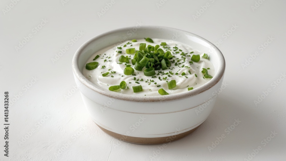 Fresh sour cream dip sauce with herbs in a white ceramic bowl on a white background Fresh sour cream dip sauce with herbs in a white ceramic bowl on a white background