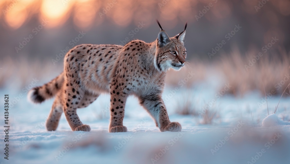 Obraz premium Lynx during a frosty sunrise. Young lynx navigates snowy terrain in a cold morning. Gorgeous wild cat in winter scenery. Predator in its habitat. Animal with orange-spotted fur.