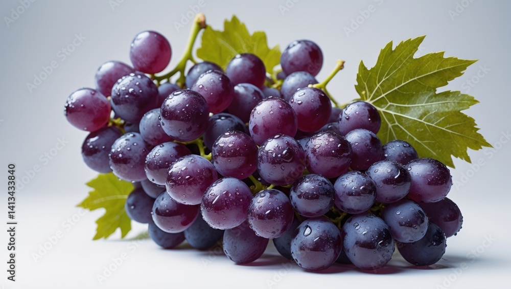 Fototapeta premium Background featuring a wet bunch of grapes with leaves isolated