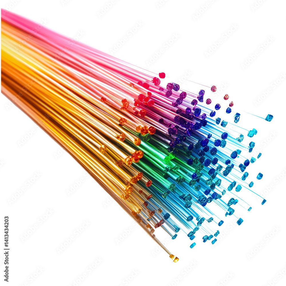 Colorful fiber optic cables arranged together against a clean transparent background, showcasing flexibility and vibrant hues, Fiber optic cables isolated on transparent background