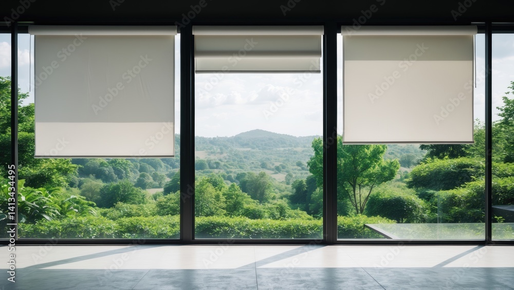 Naklejka premium White roller blinds or window curtains at the glass