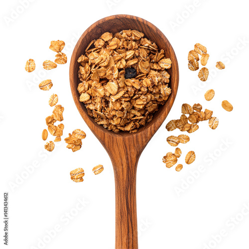 Obraz na płótnie Granola cereal in a wooden spoon on a transparent background with scattered pieces, granola cereals in wood spoon isolated on transparent background w salonie