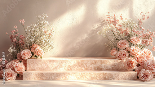 Creamy Spring Podium Scene with Roses and Babysbreath Sprigs