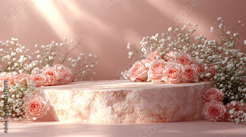 Textured Beige Stone Podium with Peach Roses and Baby’s Breath