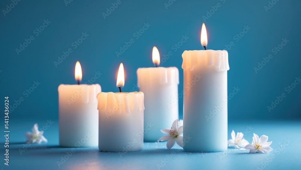 White scented candles lit on a blue surface White scented candles lit on a blue surface