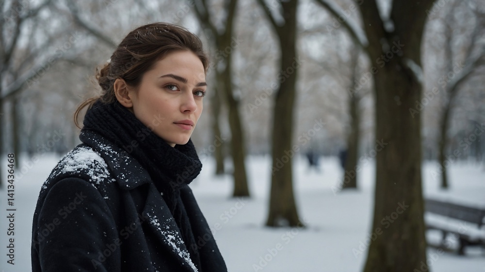 Um retrato cativante de uma mulher com um casaco de inverno, tendo como pano de fundo um parque nevado. Um retrato cativante de uma mulher com um casaco de inverno, tendo como pano de fundo um parque nevado.