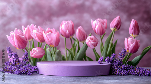 Romantic Spring Podium Scene with Tulips and Lavender on Grey