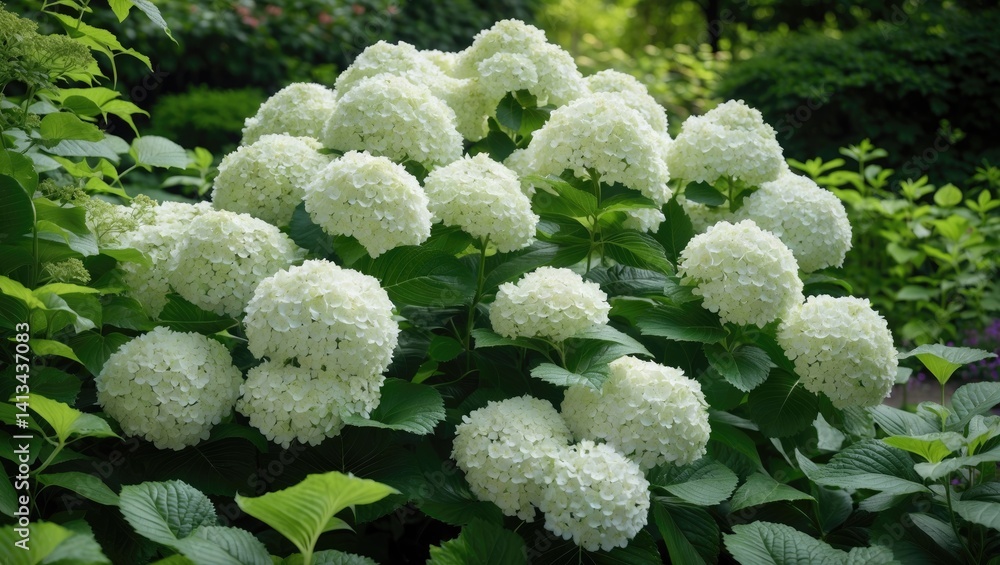 White hydrangea bush with green leaves and flowers. White hydrangea bush with green leaves and flowers.