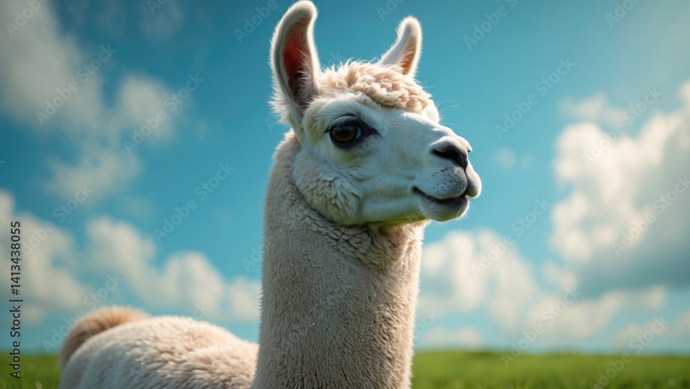Obraz premium Llama on the farm, white llama in the field